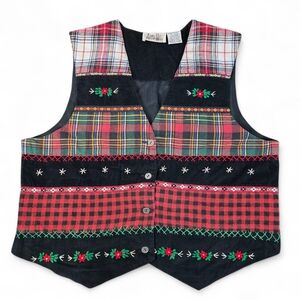 Vintage Ashley Hill Christmas Plaid Corduroy Vest Women XL Embroidered Holiday